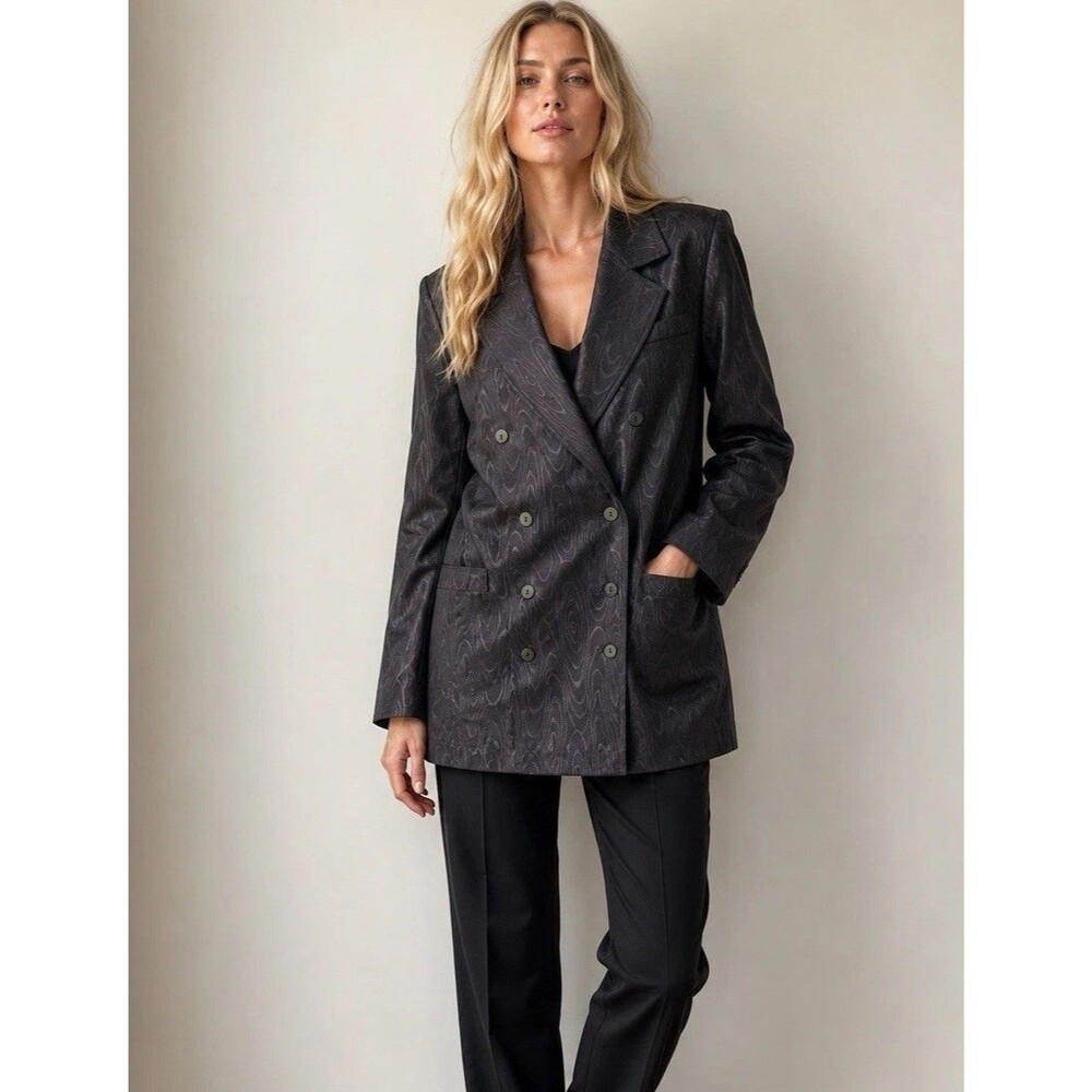 Vtg 80-90s German Womens Black Patterned Power Blazer Jacket Euro sz42/US 10Long